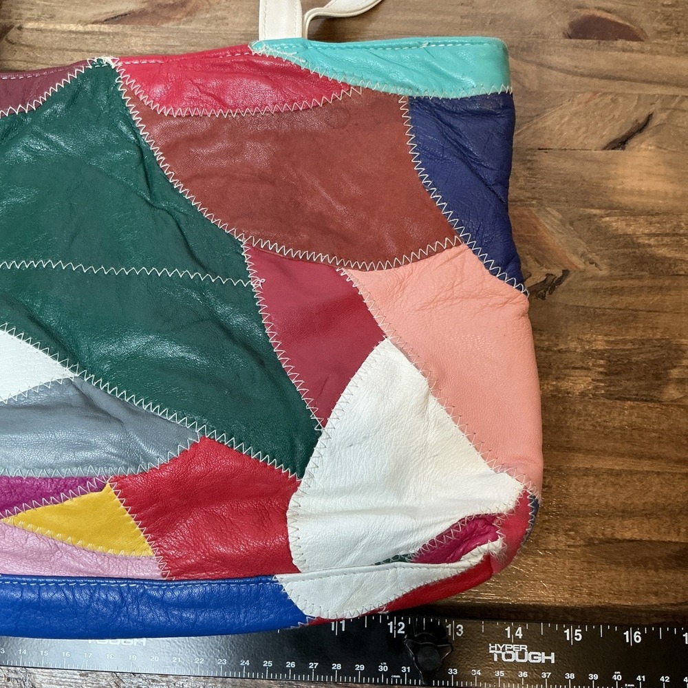 Vintage Genuine Leather Patchwork Tote Bag Multicolor Colorblock Shoulder Purse - Picture 15 of 16